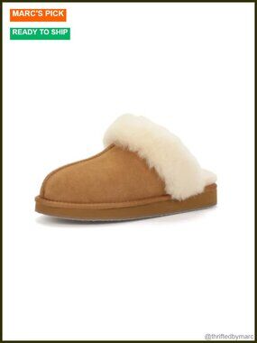 Genuine Sheepskin Suede Mule Slippers Wool-Lined House Shoes